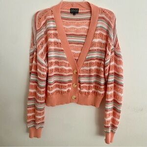 MAJOR LABEL GROUP STRIPED CROCHET KNIT CROPPED RELAXED CARDIGAN SWEATER LARGE
